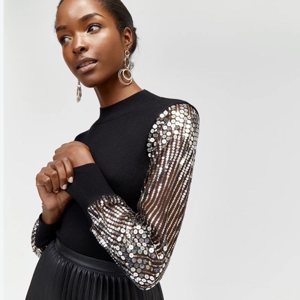 Joseph A Black Mock Neck Top Silver Sequin Sheer Balloon Sleeves Date Night